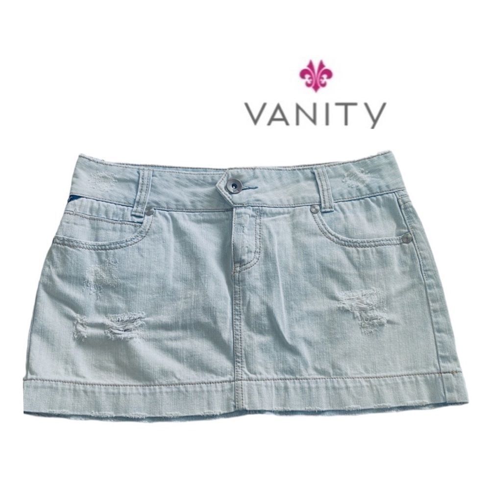 “Rare” Vanity “Robyn” Distressed Light Blue Denim Mini Skirt